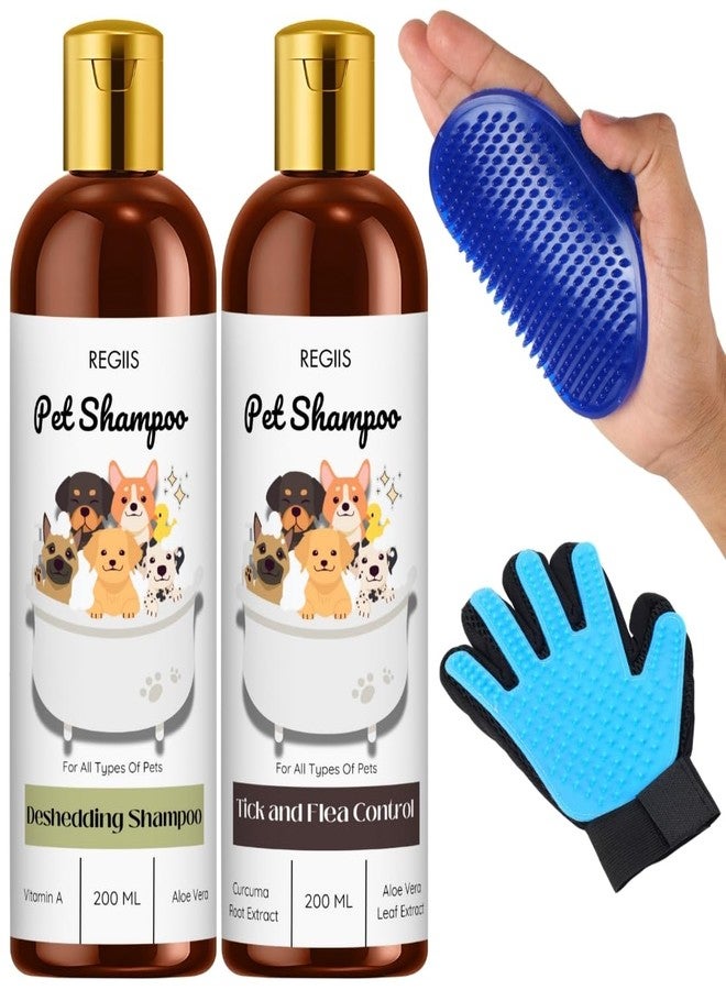 REGIIS Pet Shampoo Set with Grooming Tools, Deshedding and Tick & Flea Control Formula, 200 ML Bottles, Blue Massage Brush and Glove for All Types of Pets - Image 1